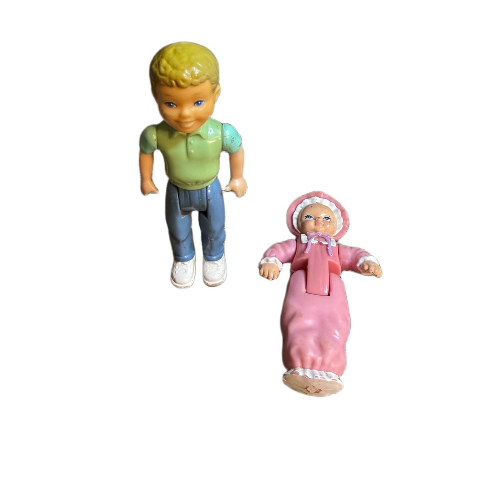 Vintage Playskool Doll Figures Boy Green Polo Baby Pink Bunting Set of 2